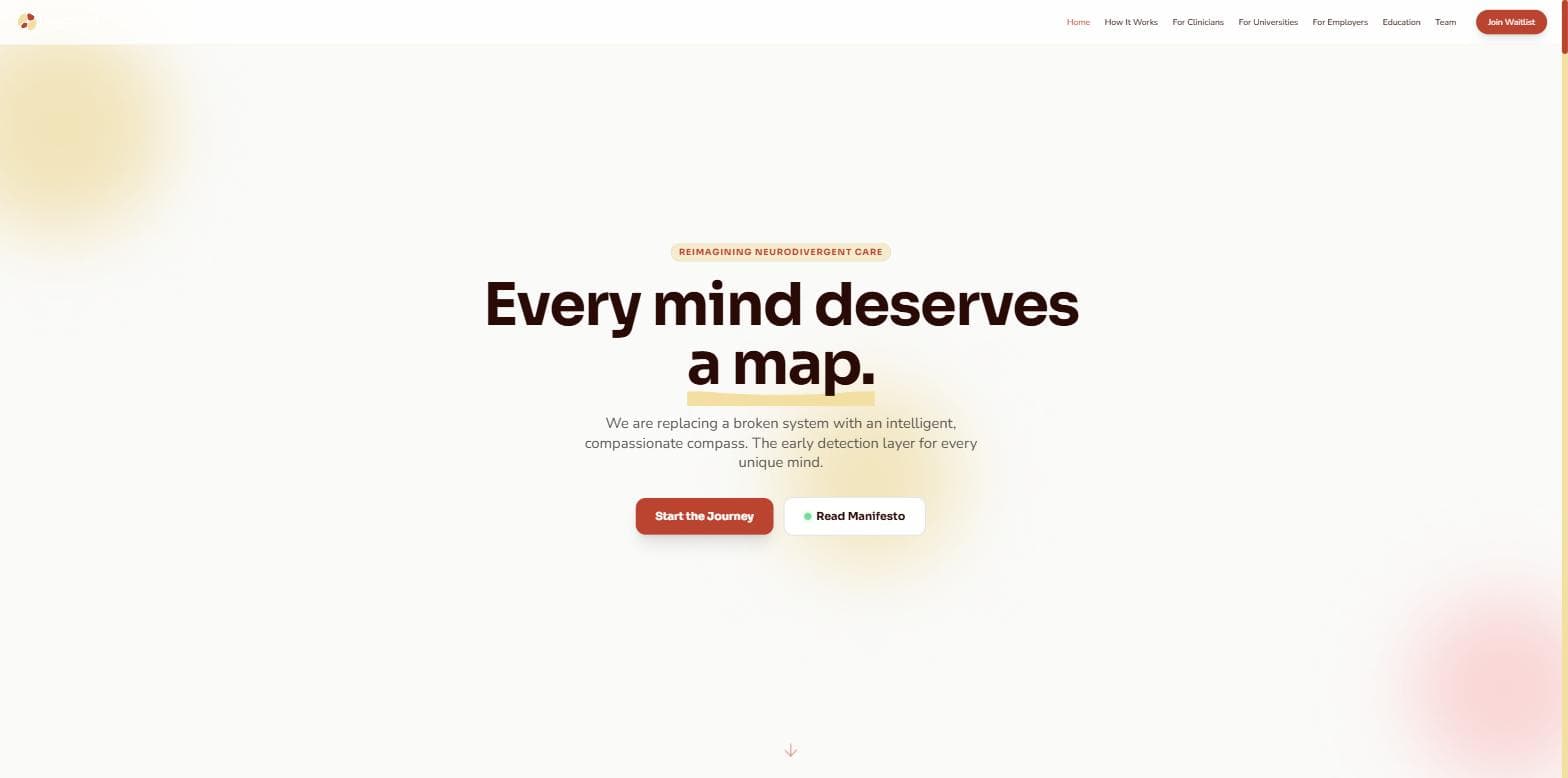The NeuroKind site, headlined Every mind deserves a map, on a warm cream ground.